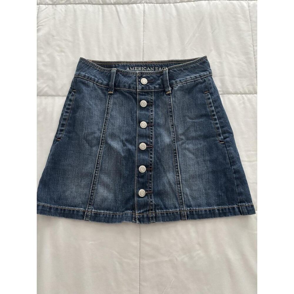 American Eagle Outfitters Denim A-Line Button Front Mini‎ Skirt Blue SZ 0